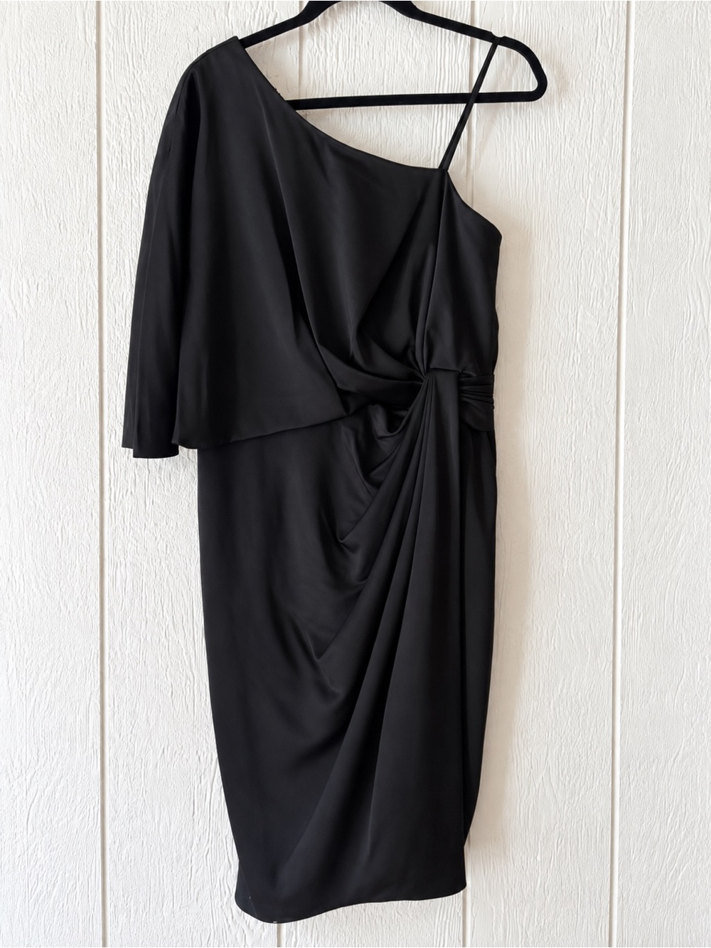 Aidan Mattox Adrianna Papell Black One Shoulder Cape Sleeve Draped Midi Dress 12